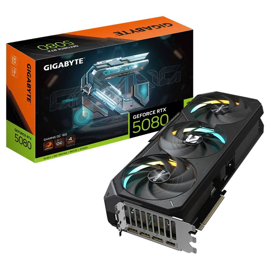 Placa gráfica Gigabyte GeForce RTX 5080 Gaming OC 16G com três ventoinhas e caixa