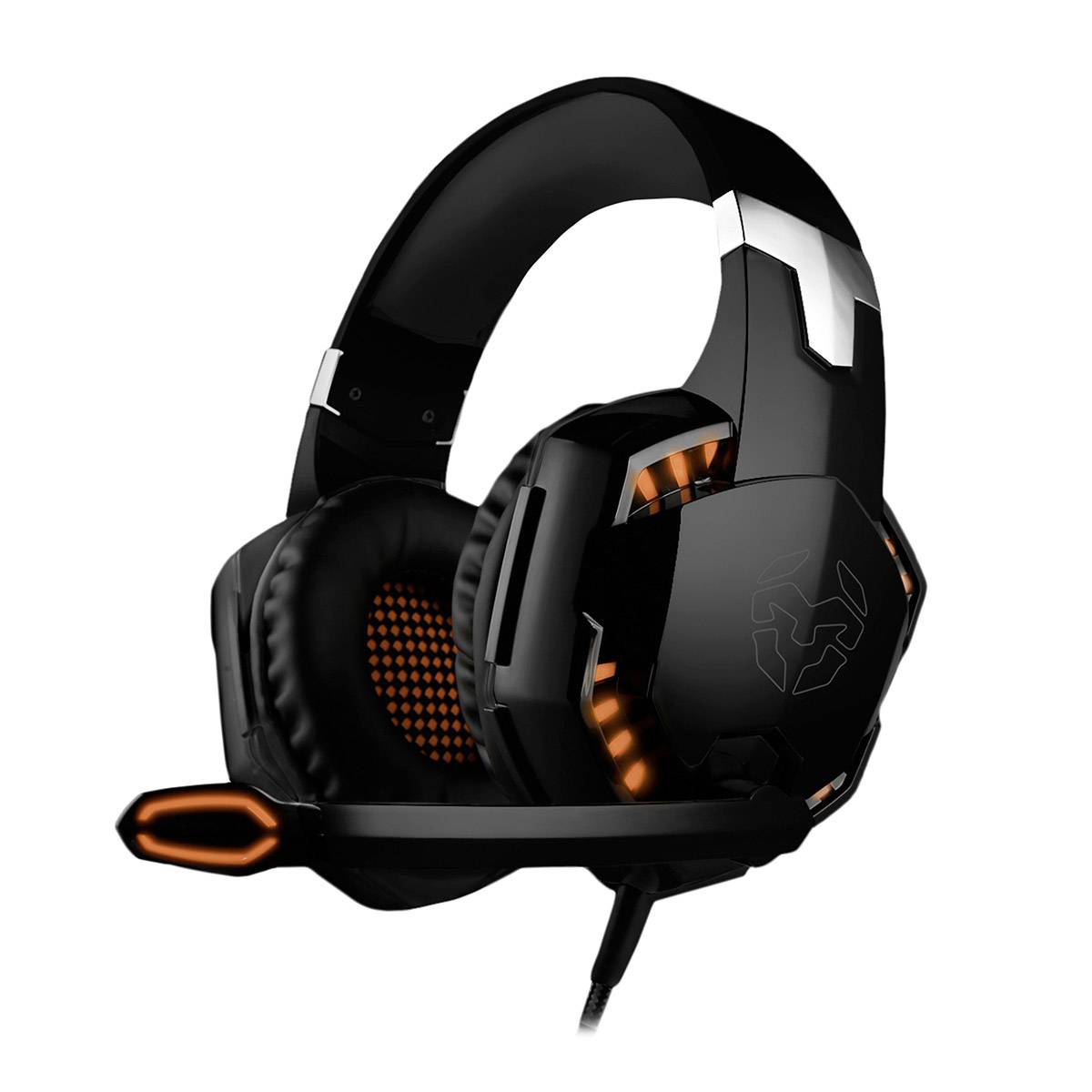 Headset gaming preto com detalhes laranja iluminados e microfone integrado.