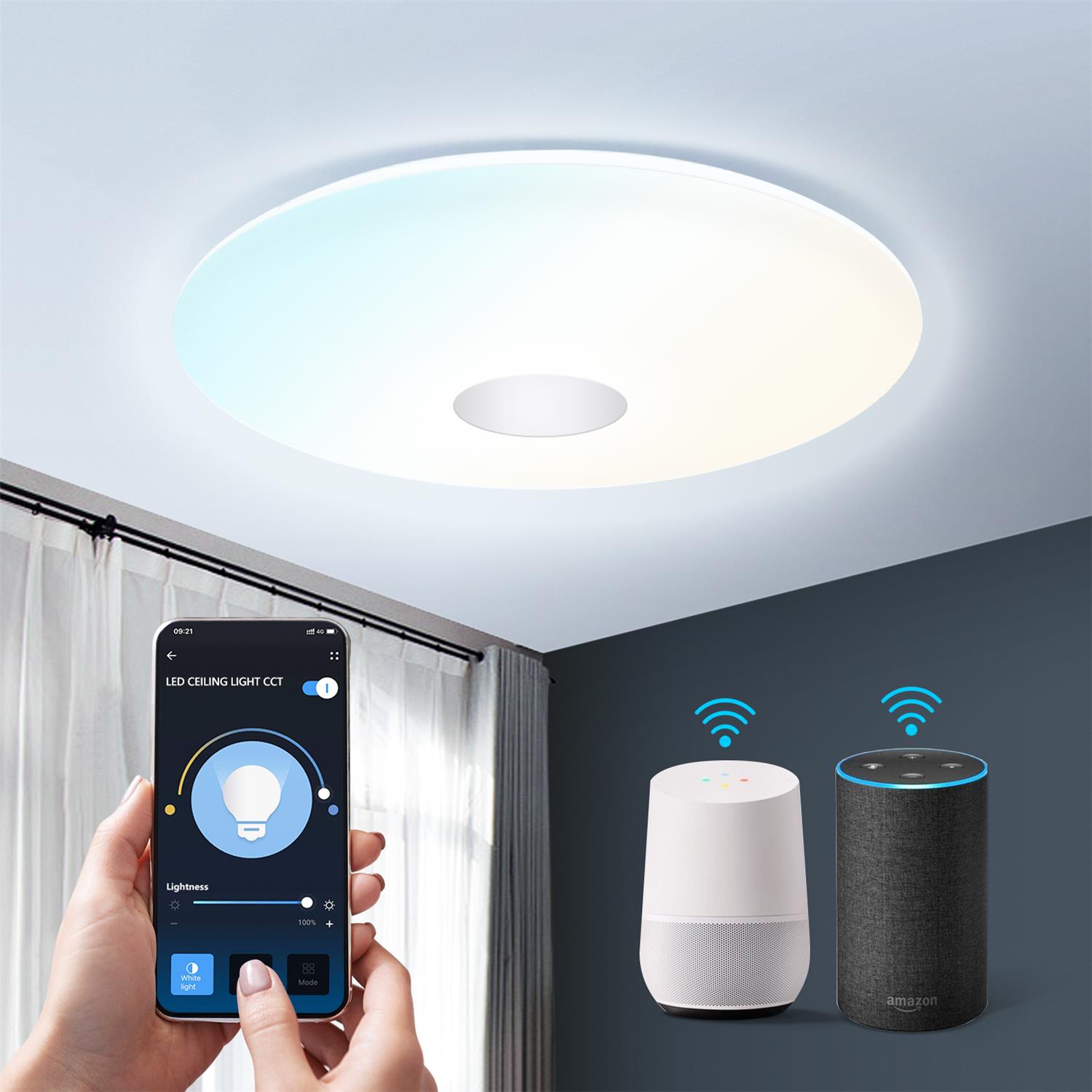 Luminária de teto LED circular branca controlada por smartphone e assistentes de voz em ambiente interior