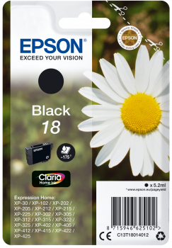 Embalagem de tinta preta Epson Black 18 e flor branca com centro amarelo