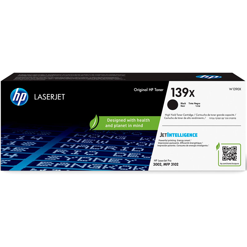 Caixa de toner preto HP LaserJet 139X para impressora com texto verde e código QR