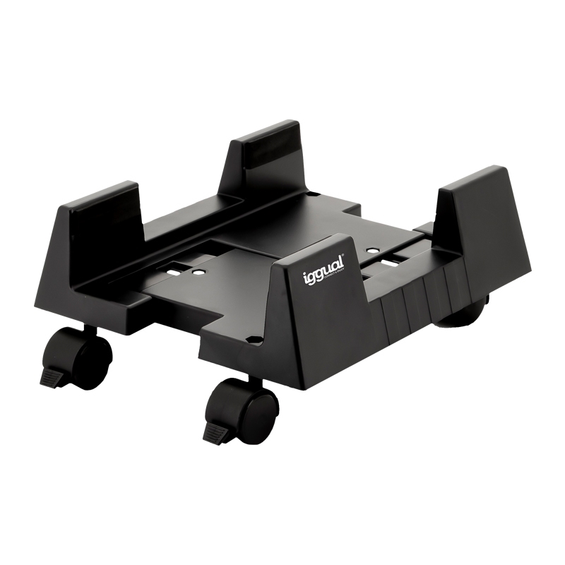 Suporte de CPU preto com rodas e marca iggual