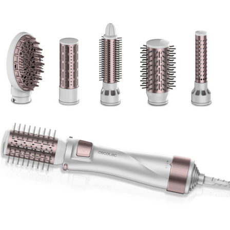 Conjunto de modelador de cabelo Cecotec com cinco acessórios de escova rosa metálico e branco.