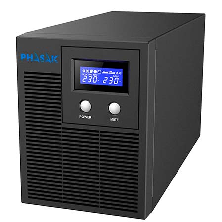 Unidade UPS preta PHASAK com ecrã digital azul e botões POWER e MUTE