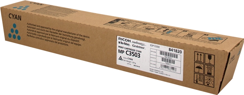 Cartucho de impressão Ricoh MP C3503 cyan em embalagem de cartão castanho