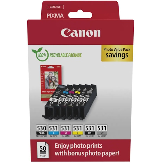Embalagem de cartuchos de tinta Canon PIXMA com oferta de papel fotográfico