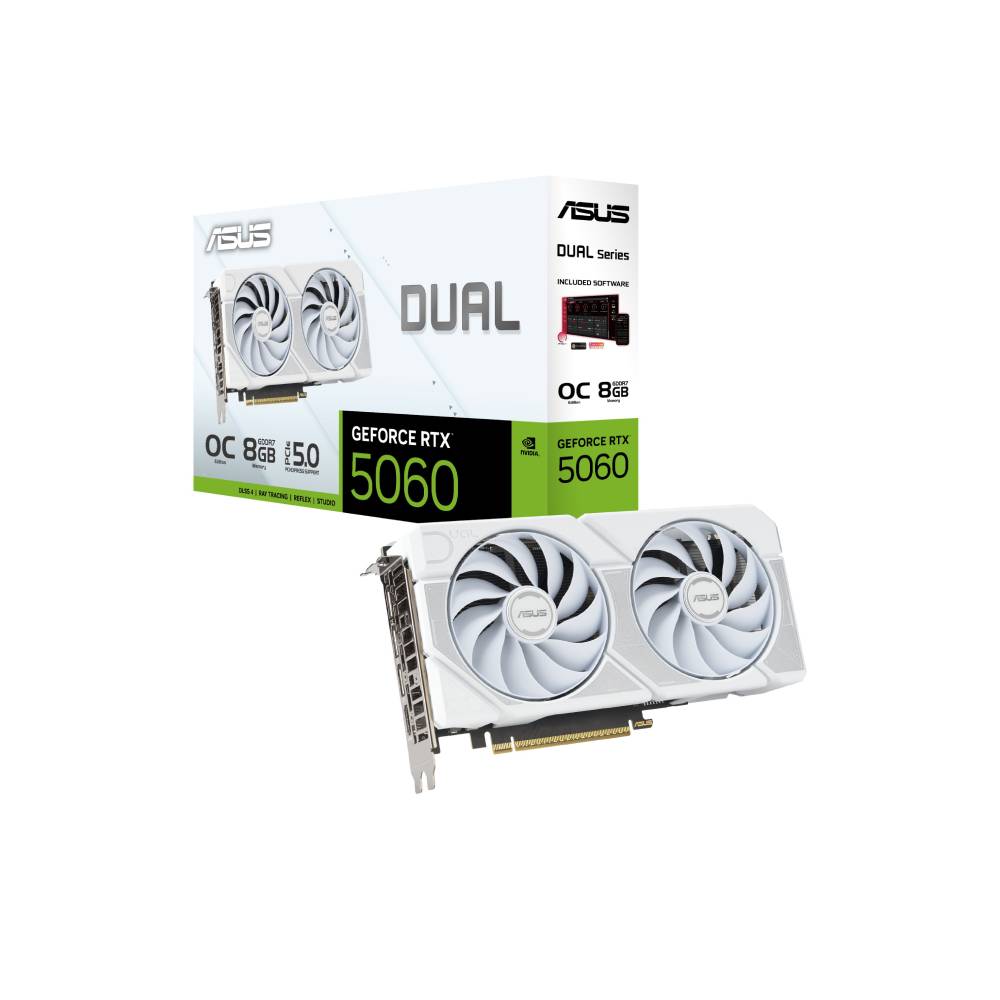 Placa gráfica ASUS GeForce RTX 5060 branca com duas ventoinhas e caixa