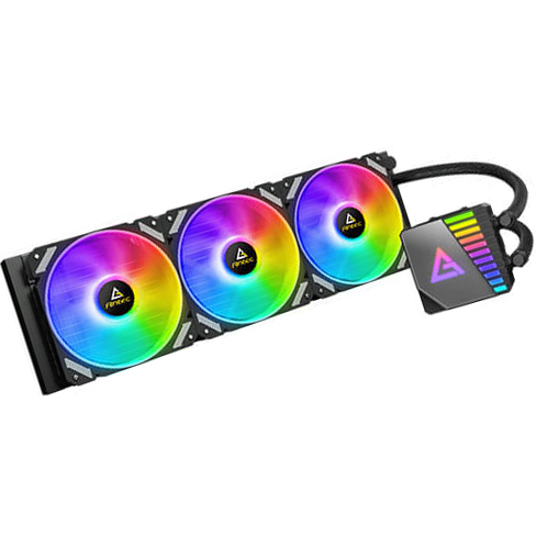 Sistema de refrigeração líquida com três ventoinhas RGB e bloco de CPU iluminado