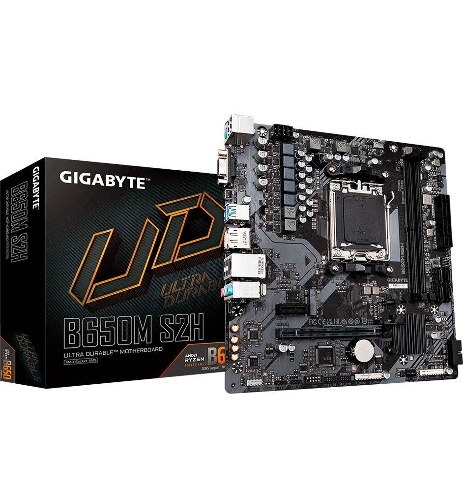 Placa-mãe GIGABYTE B650M S2H preta com embalagem preta com texto largo