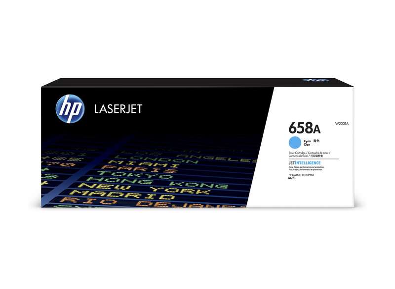Embalagem toner HP LaserJet 658A ciano com texto de cidades coloridas