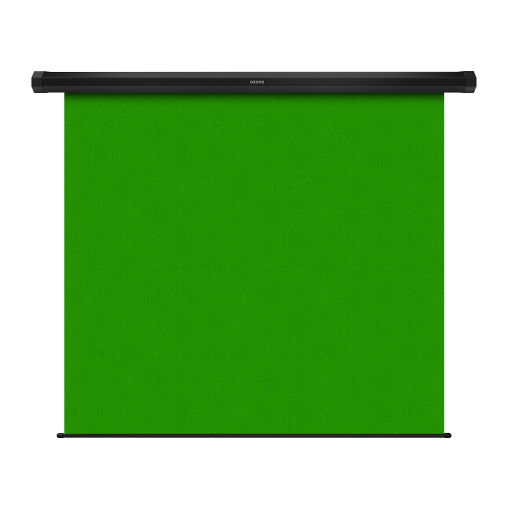 Ecrã de projeção verde com suporte preto e marca ozone.