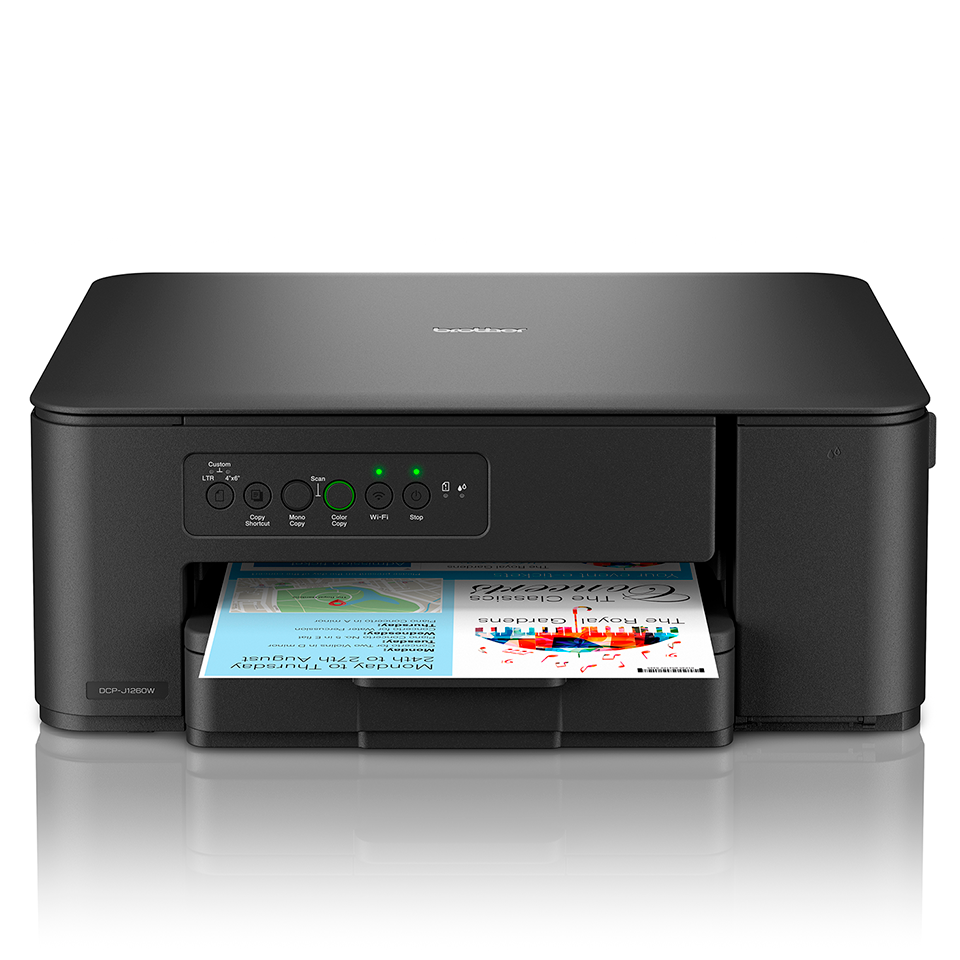 Impressora multifunções Brother DCP-J1260W preta a imprimir folha colorida