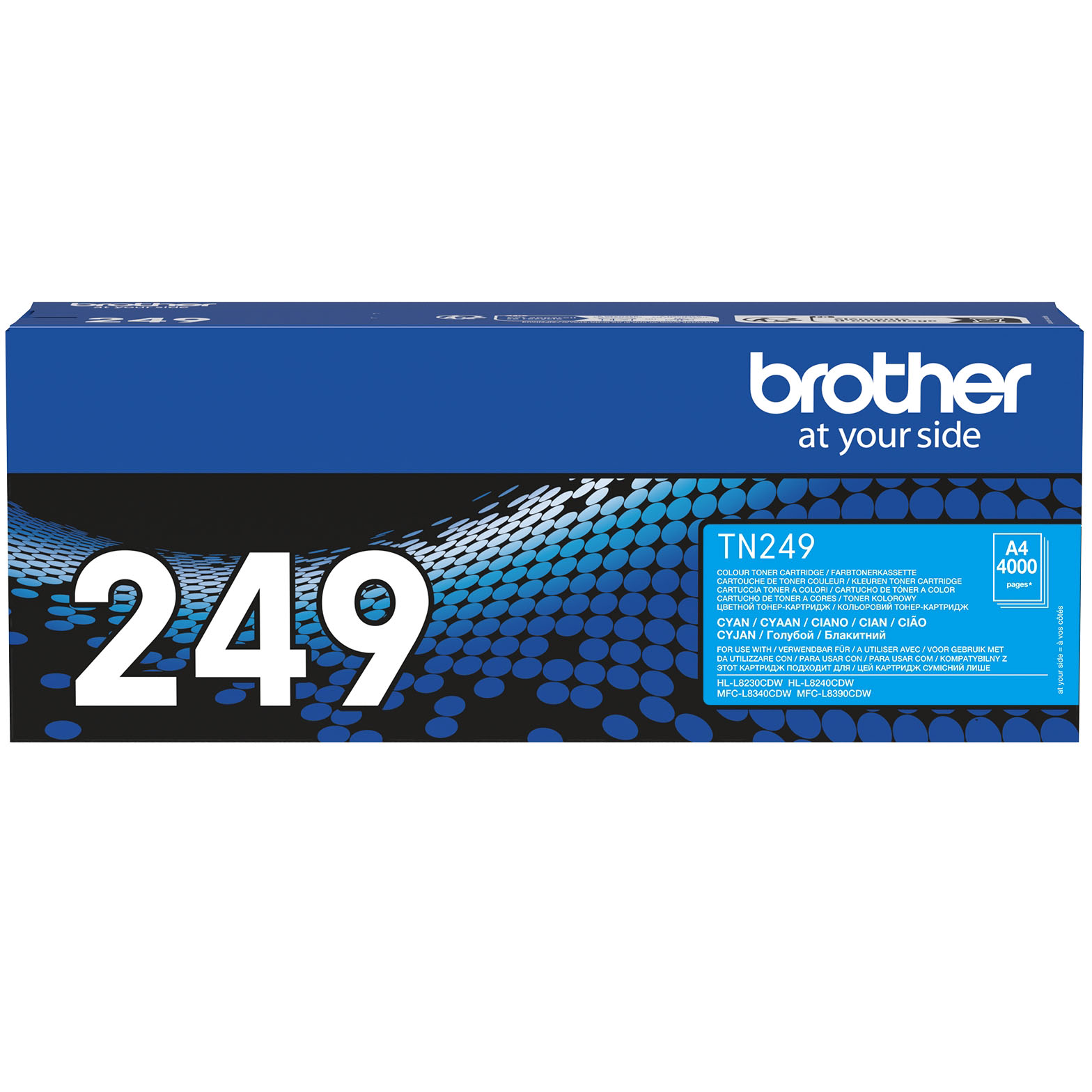 Embalagem de toner Brother TN249 ciano para impressora com design azul e preto