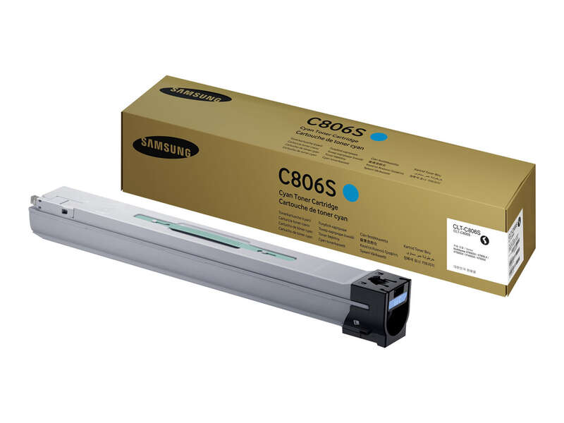 Cartucho de toner Samsung C806S ciano com embalagem castanha e preto