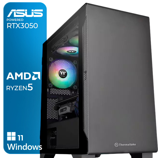 Computador desktop preto Thermaltake com ventoinhas RGB e textos ASUS, AMD Ryzen 5 e Windows 11.