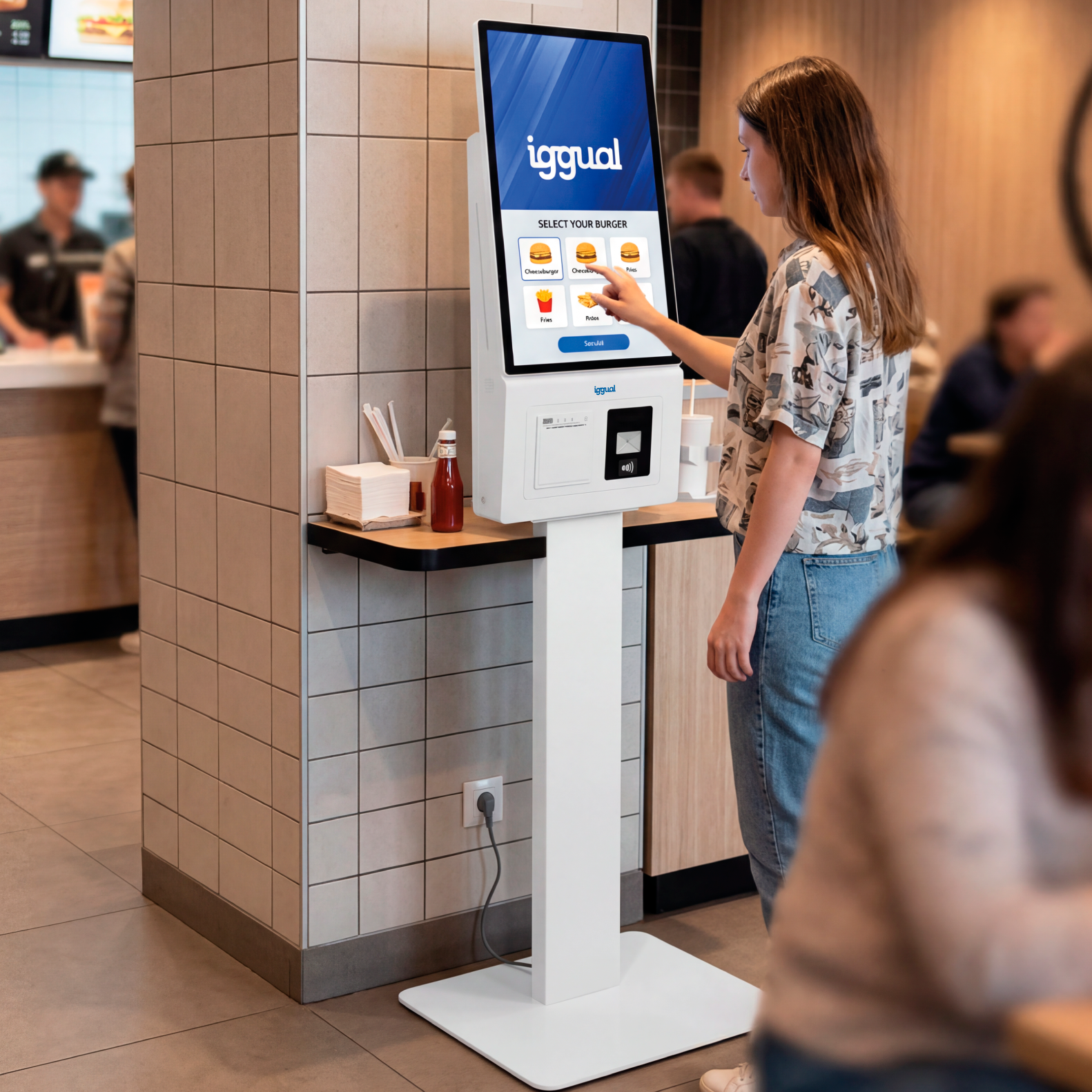 Quiosque digital branco de encomendas para hambúrgueres com ecrã touchscreen numa parede de azulejos claros no interior de restaurante.