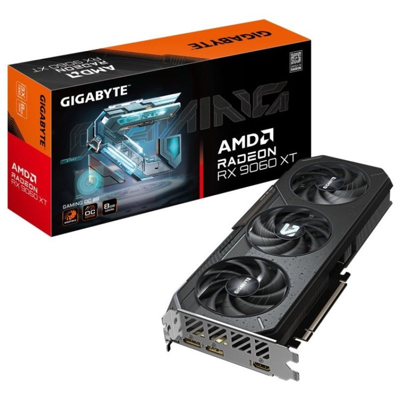 Placa gráfica AMD Radeon RX 9060 XT da GIGABYTE com três ventoinhas e caixa colorida