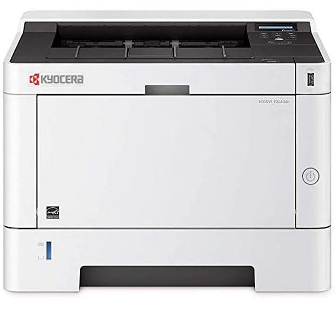 Impressora Kyocera EcoSys P2040dn branca e preta com painel digital e entradas USB