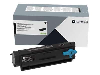 Toner Lexmark preto com embalagem cinza, branca e preta.