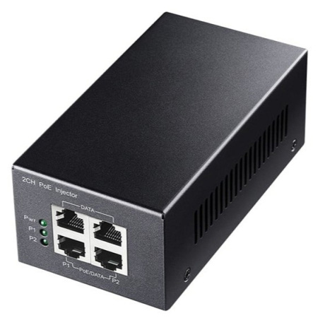 Injetor PoE preto com quatro portas RJ45 e LEDs verdes
