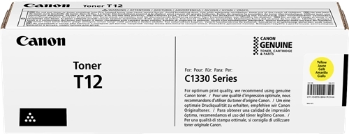 Embalagem de toner Canon T12 para impressora série C1330, branca com texto preto e amarelo