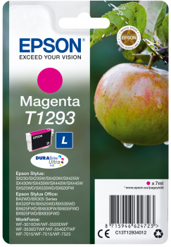 Cartucho de tinta Epson Magenta T1293 L com selo DuraBrite Ultra e imagem de maçã