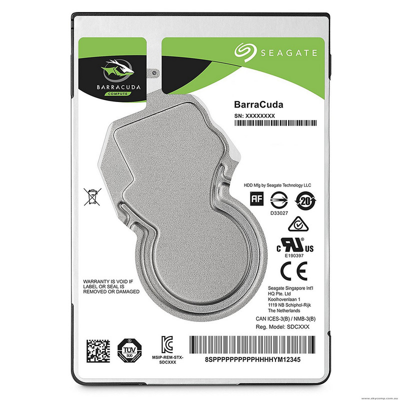 Disco rígido Seagate BarraCuda com etiqueta verde, preta e branca