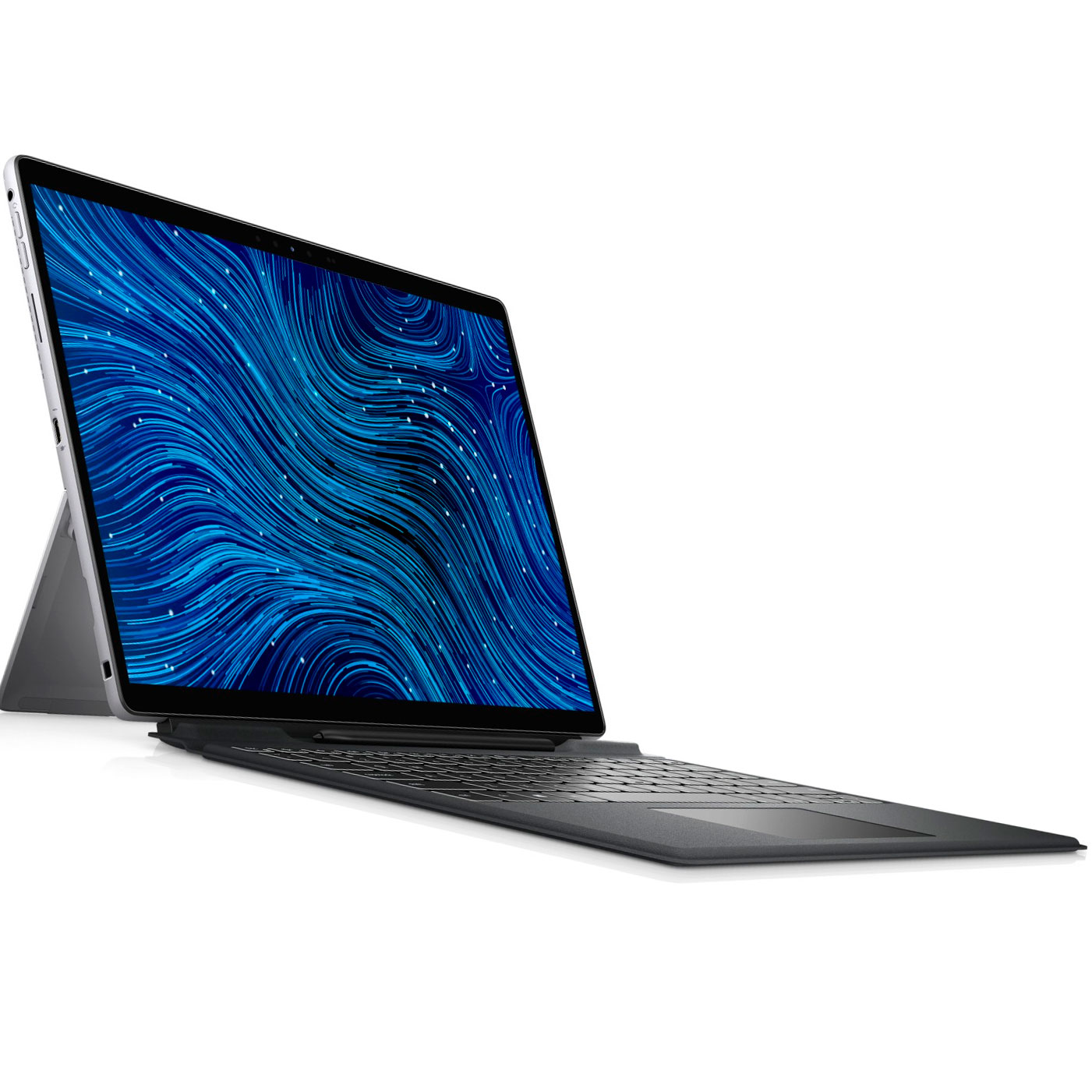 Computador portátil tablet prateado com teclado preto e ecrã azul ondulado