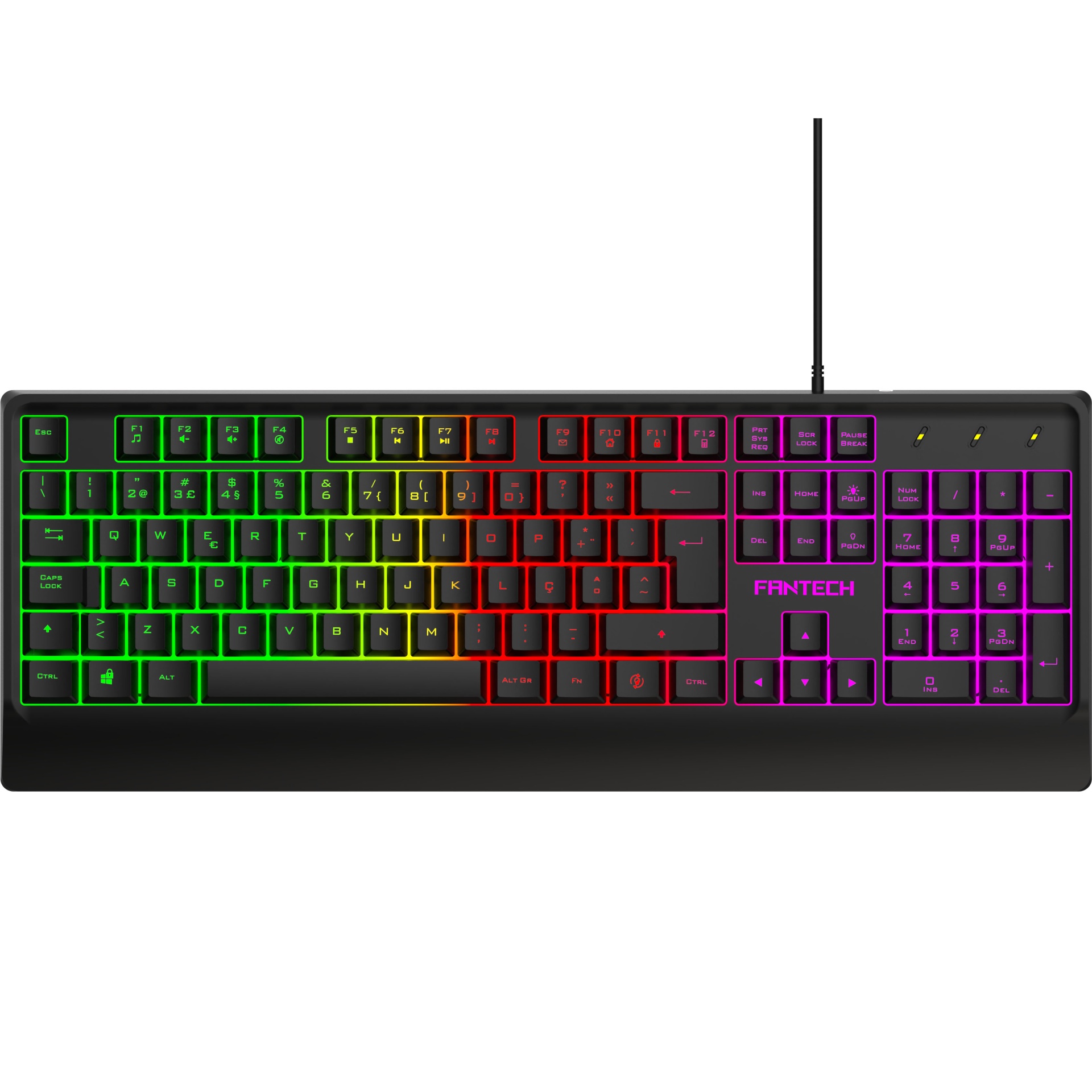 Teclado preto com iluminação RGB multicolorida e cabo na parte superior