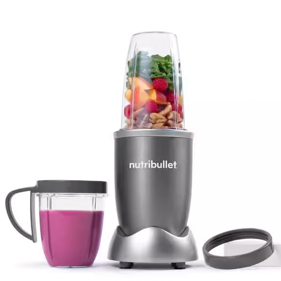 Liquidificador Nutribullet cinza com copos e tampa