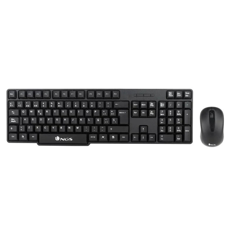 Conjunto teclado e rato sem fios preto com teclas QWERTY portuguesas e logotipo NGS