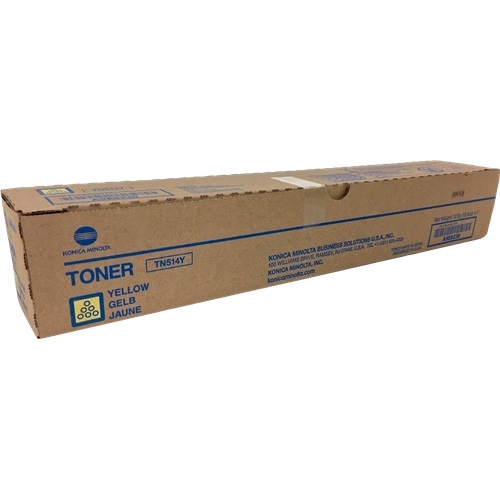 Embalagem de toner Konica Minolta TN514Y castanha com texto azul e símbolo amarelo