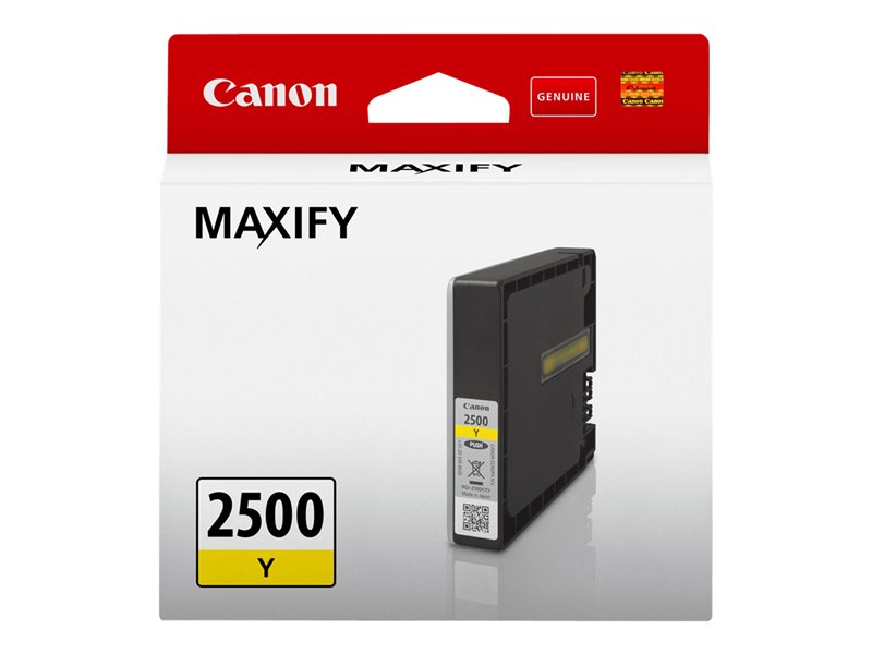 Embalagem branca e vermelha de cartucho de tinta Canon MAXIFY 2500 Y amarelo