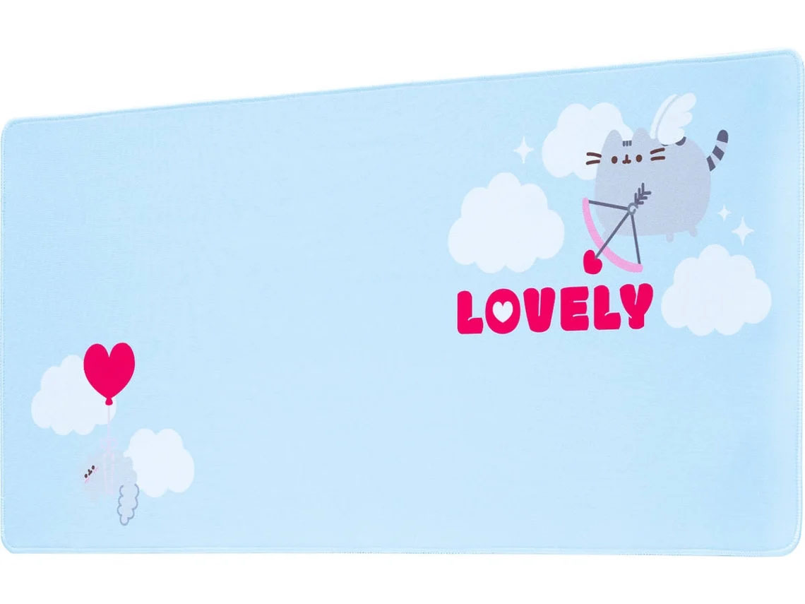 Tapete azul claro com gato e balão vermelho em forma de coração