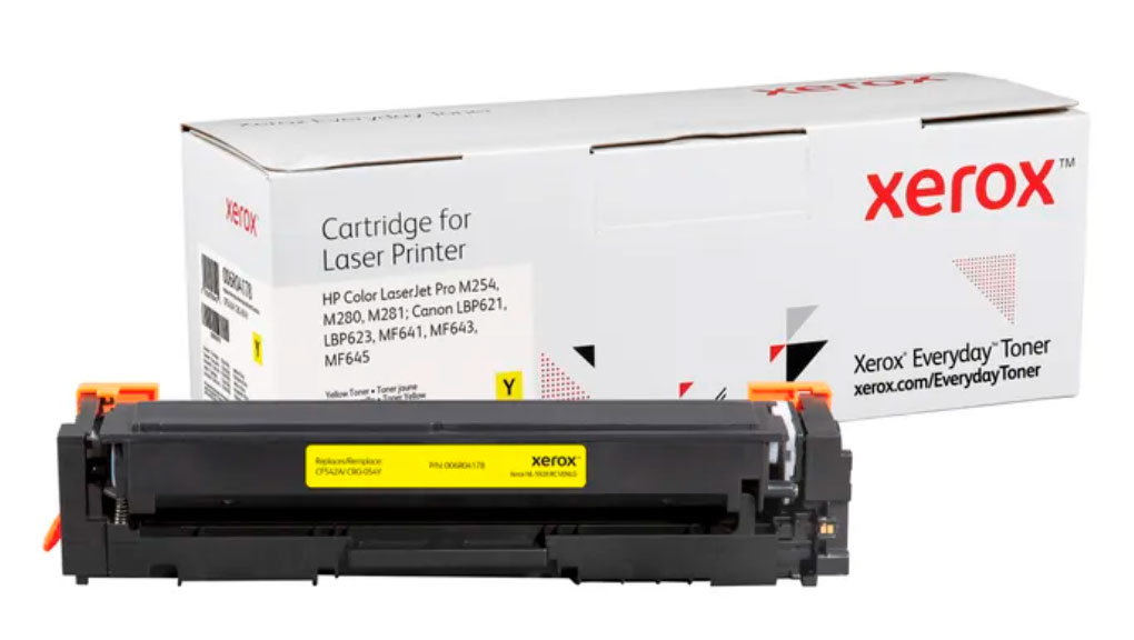 Cartucho de toner amarelo Xerox para impressora laser com caixa branca ao fundo