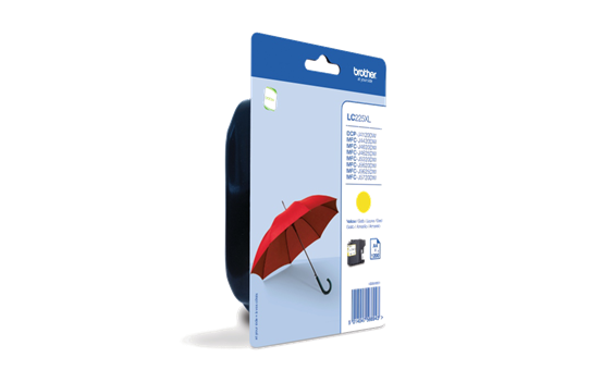 Cartucho de tinta Brother amarelo embalagem com guarda-chuva vermelho