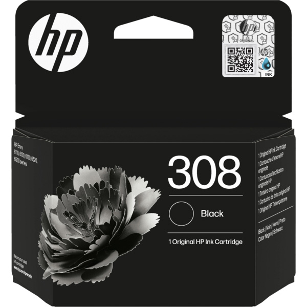 Caixa de tinta HP 308 preta com imagem de flor e texto