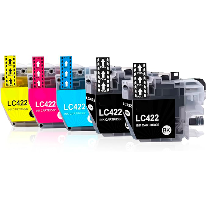 Cinco tinteiros LC422 de várias cores com etiquetas PULL em fundo branco