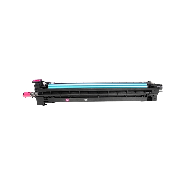 Cartucho de toner preto com cilindro azul e detalhes rosa