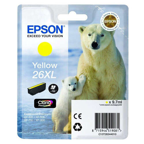 Cartucho de tinta Epson amarelo 26XL com imagem de ursos polares na embalagem