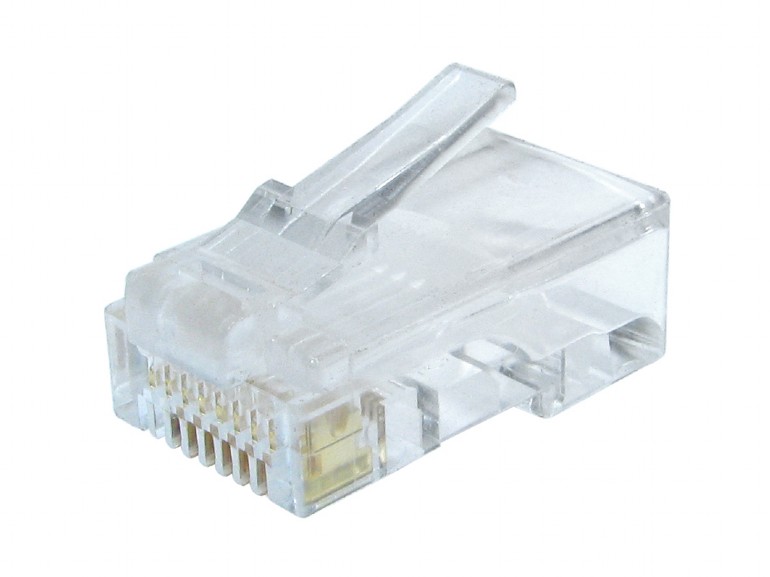Conector RJ45 transparente para cabo de rede com oito pinos dourados