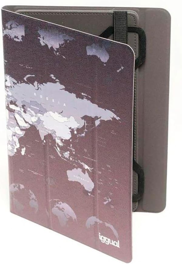 Capa para tablet com estampa de mapa do mundo e texto iggual