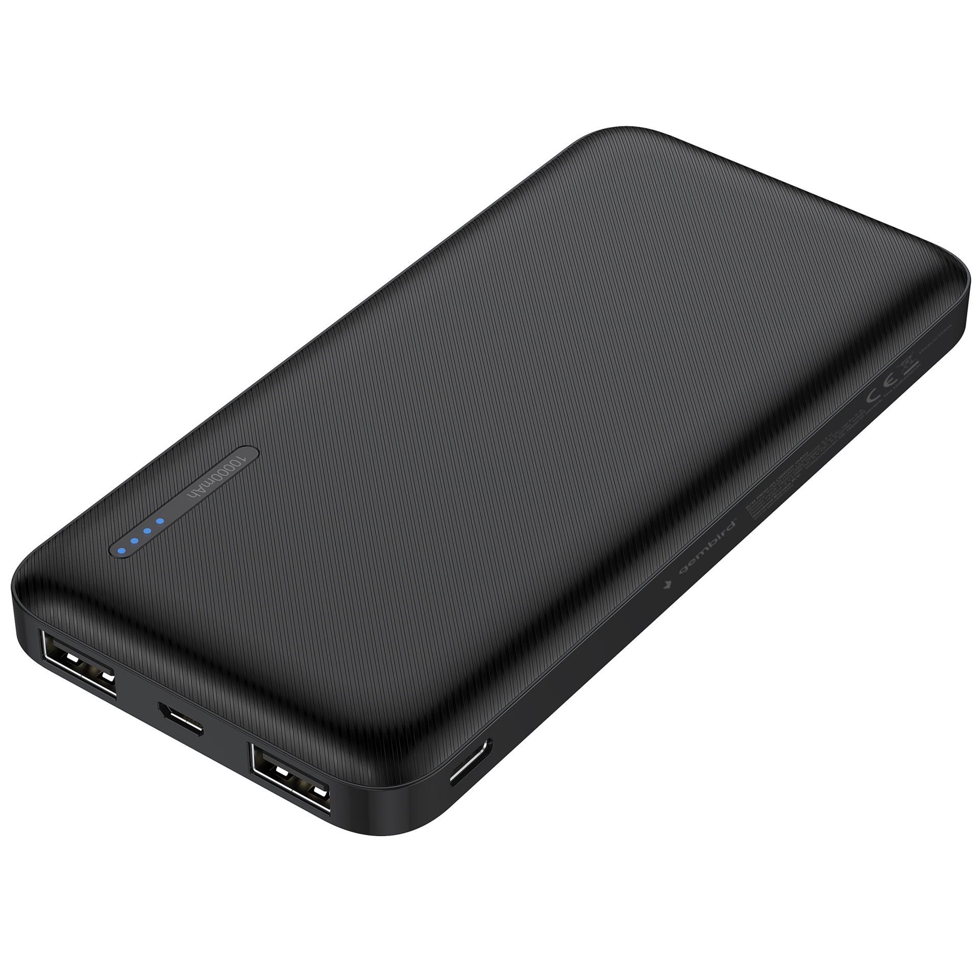 Bateria externa preta texturada com quatro LEDs azuis e portas USB