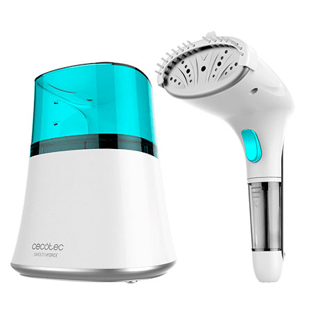 Aparelho eletrónico branco e azul com reservatório e cabeça para vapor