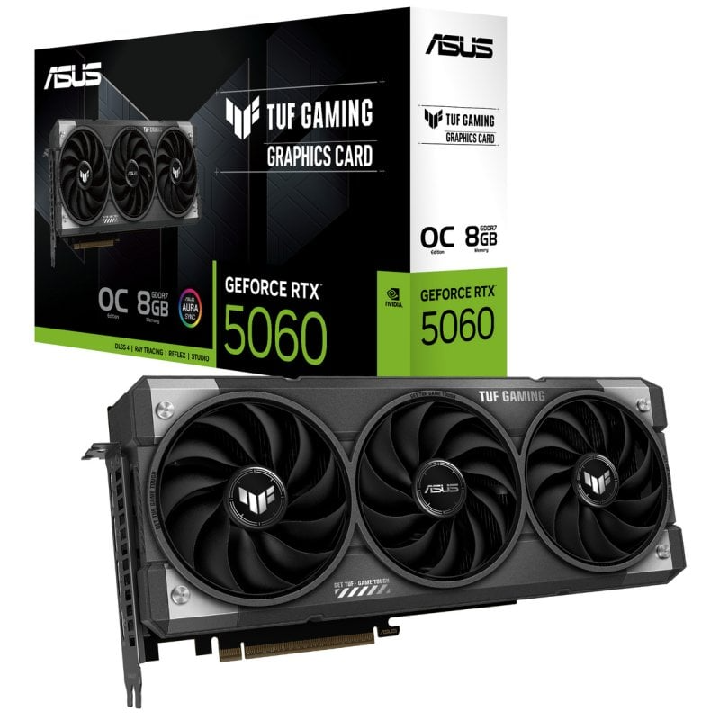 Placa gráfica ASUS TUF Gaming GeForce RTX 5060 e respectiva embalagem