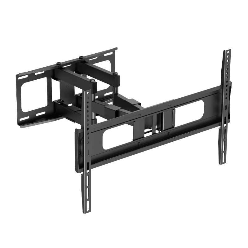 Suporte de TV preto em metal com braços articulados e base para fixação na parede