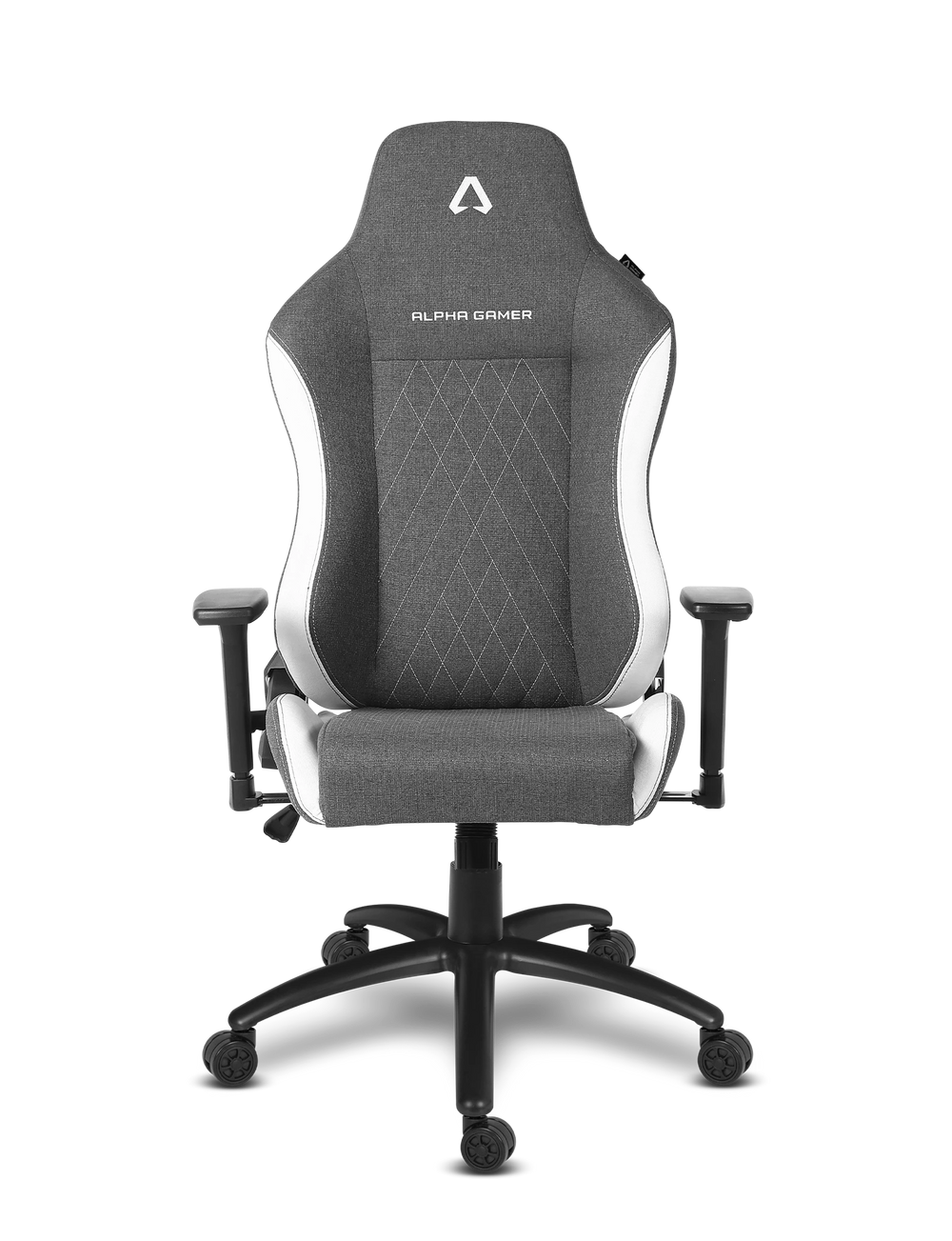 Cadeira de gaming cinzenta com detalhes em branco e rodas