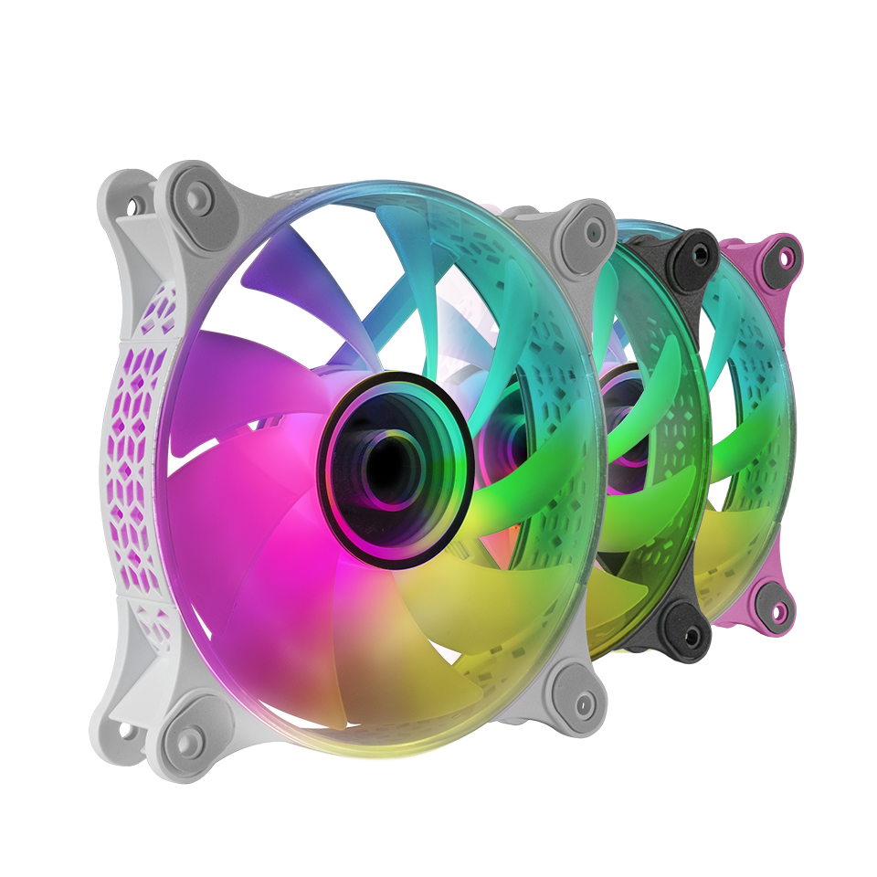 Ventoinhas RGB para computador com molduras branca, preta e rosa em fila.