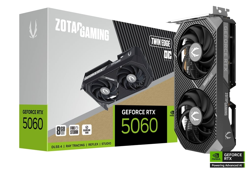 Placa gráfica ZOTAC GAMING GeForce RTX 5060 preto com duas ventoinhas ao lado da caixa do produto.