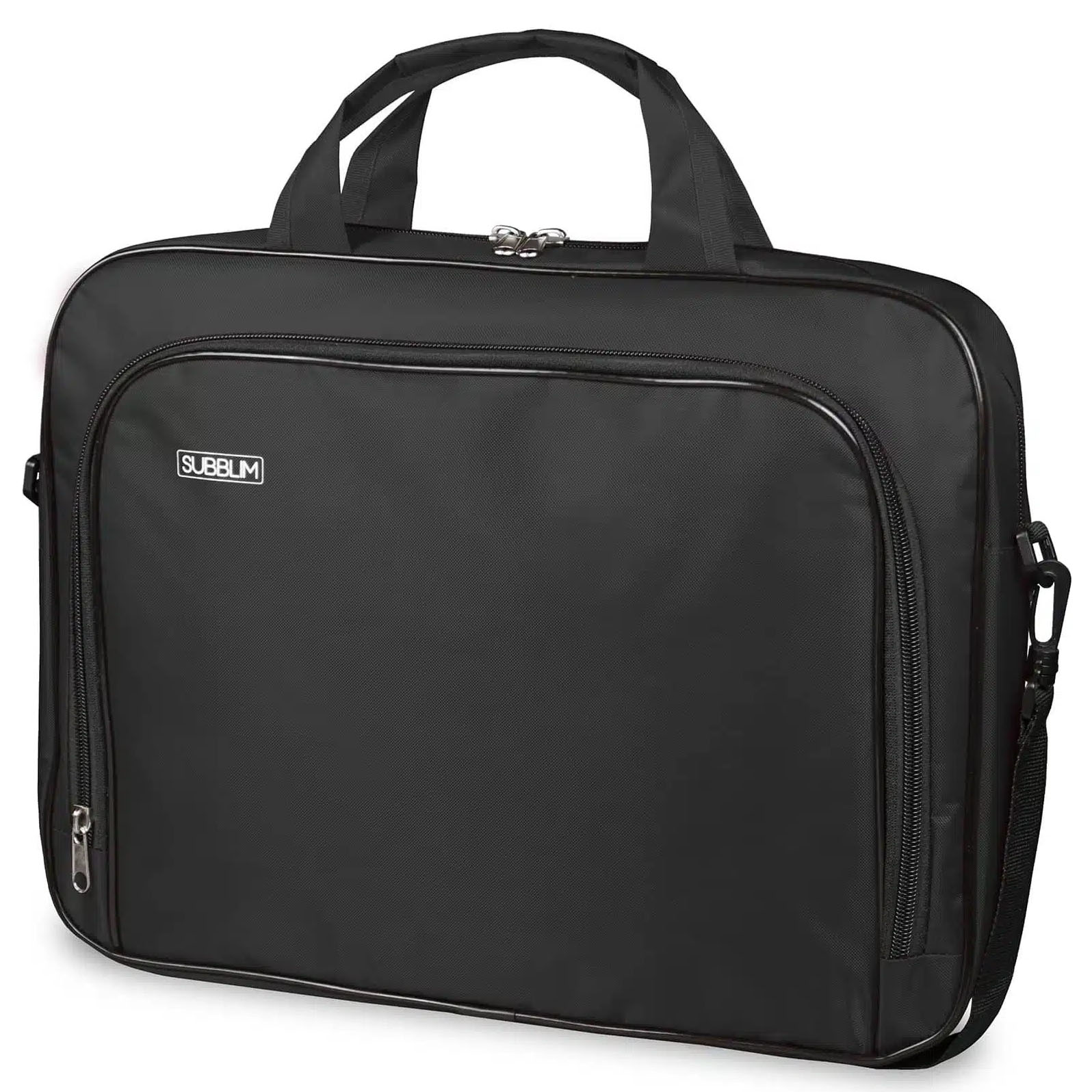 Mala de computador preta da marca SUBBLIM com alça de mão dupla e bolso frontal